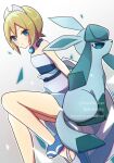  0roshioji3ran 1girl alternate_color anklet aqua_eyes blonde_hair blush closed_mouth collar commentary_request glaceon gradient_background hair_between_eyes hairband highres irida_(pokemon) jewelry outline pokemon pokemon_(creature) pokemon_(game) pokemon_masters_ex sash shirt shoes short_hair shorts smile strapless strapless_shirt twitter_username waist_cape watermark 
