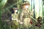  2021 2girls absurdres arm_sling arrow_(symbol) bad_end bandages black_hair blonde_hair bolt_action brown_eyes captured chousetsu_(chongvon) commentary_request dated defeat dirty empty_eyes english_text forest green_eyes gun helmet highres holding_hands imperial_japanese_army injury jungle light_rays m1903_springfield military_police multiple_girls nature pointing pointing_to_the_side prisoner rainforest real_life rifle sign signature skull soldier sunbeam sunlight torn_clothes tree united_states_marine_corps weapon world_war_ii 