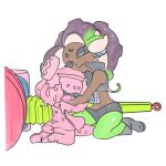  2girls 3d_rod! :3 brown_hair closed_eyes cropped_vest cuddling dark-skinned_female dark_skin domino_mask gradient_hair green_hair hammer head_on_chest head_rest highres hug huge_weapon inkling kneeling mallet marina_(splatoon) mask midriff mole mole_under_mouth monster_girl multicolored_hair multiple_girls mutual_hug octarian octoling pantyhose_under_shorts pearl_(splatoon) pink_hair regeneration slime_girl splatoon_(series) splatoon_2 suction_cups tentacle_hair ultra_stamp_(splatoon) vest weapon weapon_on_floor yuri zipper_pull_tab 