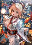 1girl :d blonde_hair breasts choker collarbone fireworks fish genshin_impact hair_ornament highres holding holding_fireworks japanese_clothes kimono large_breasts long_sleeves looking_at_viewer night open_mouth outdoors qian_wu_atai red_choker smile solo sparkler water wide_sleeves yellow_eyes yoimiya_(genshin_impact) 