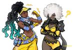 2girls ? absurdres afro alternate_color alternate_costume arm_armor armor baggy_pants bandana_around_neck bare_shoulders belly belt black_hair black_shirt blue_hair blue_scarf bra breasts cleavage colored_tips commission crop_top crossover dark-skinned_female dark_skin dreadlocks earbuds earphones fingerless_gloves gloves hand_on_own_face happy highres kimberly_jackson long_hair midriff multicolored_hair multiple_girls navel no_more_heroes official_alternate_color one_eye_covered pants peter_chai red_eyes scarf shinobu_jacobs shirt shoulder_armor simple_background smile spray_can street_fighter street_fighter_6 two-tone_hair underwear white_background white_hair yellow_headwear yellow_pants 