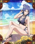  1girl bare_shoulders bikini blue_hair breasts cleavage closed_mouth flower hair_bun hair_flower hair_ornament konan_(naruto) large_breasts looking_at_viewer makeup medium_breasts naruto naruto_(series) naruto_shippuuden navel orange_eyes piercing purple_hair short_hair solo swimsuit thighhighs underwear 