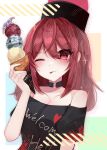  1girl absurdres bare_shoulders black_choker black_headwear choker closed_mouth clothes_writing clownpiece commentary english_text food hat hecatia_lapislazuli highres holding holding_food ice_cream_cone jester_cap looking_at_viewer medium_hair off_shoulder one_eye_closed polos_crown red_eyes red_hair shion_343 solo tongue tongue_out touhou upper_body 