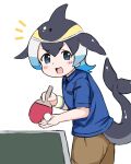  1girl absurdres akatsuki_no_guuru ball black_hair blonde_hair blowhole blue_eyes blue_hair blue_shirt blush_stickers brown_shorts cetacean_tail collared_shirt commentary common_dolphin_(kemono_friends) dolphin_girl dorsal_fin fins fish_tail head_fins highres holding holding_ball holding_paddle kemono_friends leaning_forward long_hair looking_at_viewer multicolored_hair official_alternate_costume open_mouth paddle parted_bangs shirt short_sleeves shorts simple_background smile solo sportswear symbol-only_commentary table_tennis table_tennis_ball table_tennis_paddle tail v-shaped_eyebrows white_background white_hair wing_collar 