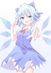  1girl absurdres blue_bow blue_dress blue_eyes blue_hair blush bow breasts cirno ciruciru0810 collared_shirt dress fairy hair_bow highres ice ice_wings looking_at_viewer open_mouth pointing pointing_at_viewer shirt short_hair simple_background small_breasts smile solo touhou wings 