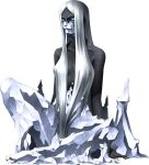  1girl black_skin blue_eyes collarbone colored_skin fingernails grey_hair hair_censor hel_(shin_megami_tensei) highres ice kazuma_kaneko long_fingernails long_hair looking_at_viewer official_art sharp_fingernails shin_megami_tensei sitting solo third-party_source transparent_background very_long_hair 