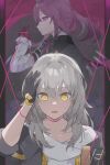  2girls @_@ black_gloves black_jacket commentary gloves grey_background grey_hair hand_on_own_head highres honkai:_star_rail honkai_(series) hood hooded_jacket hypnosis jacket jacket_on_shoulders kafka_(honkai:_star_rail) long_hair long_sleeves mind_control multiple_girls open_mouth pink_background ponytail purple_eyes purple_gloves purple_hair shirt short_sleeves spider_web_print stelle_(honkai:_star_rail) string string_around_neck sweat trailblazer_(honkai:_star_rail) two-tone_background upper_body white_shirt yellow_eyes younomiti 