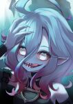  1girl absurdres blue_nails briar_(league_of_legends) colored_sclera colored_skin fingernails grey_hair hair_between_eyes hand_on_own_head highres league_of_legends long_hair looking_at_viewer momikodayo multicolored_hair nail_polish no_pupils pointy_ears red_sclera sharp_fingernails sharp_teeth sidelocks simple_background smile solo streaked_hair teeth tongue tongue_out two-tone_hair upper_body vampire white_eyes 