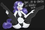  angry anthro blush bra clothing dialogue english_text equid equine female flutterthrash friendship_is_magic hasbro hi_res horn legs_up legwear mammal my_little_pony panties rarity_(mlp) solo spread_legs spreading stockings stretching text underwear unicorn 