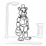 1:1 3_toes advos animatronic anthro barefoot bear bow_(feature) bow_tie clothing digital_media_(artwork) feet fingers five_nights_at_freddy&#039;s freddy_(fnaf) hat headgear headwear holding_object holding_suitcase machine male mammal monochrome robot scottgames solo standing street_lamp suit suitcase toes top_hat topwear trash_can 