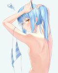 1girl 3: akgrn arms_up back bare_arms blue_hair closed_mouth commentary_request completely_nude embarrassed eyelashes flat_chest from_behind frown grey_background hair_between_eyes hairdressing head_tilt highres korean_commentary looking_at_viewer looking_back nose nude ponytail rimuru_tempest sidelocks simple_background solo squiggle sweat tensei_shitara_slime_datta_ken upper_body yellow_eyes 