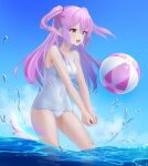  1girl :d ball bare_arms bare_shoulders beachball blue_sky breasts cloud covered_navel day feet_out_of_frame floating_hair hair_between_eyes highres long_hair looking_ahead medium_breasts one-piece_swimsuit open_mouth original outdoors own_hands_together pink_eyes pink_hair playing_sports rainbow sky smile solo splashing standing swimsuit syatihoko123 teeth two_side_up upper_teeth_only wading water white_one-piece_swimsuit 