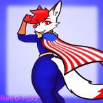  blue_clothing butt canid canine cape clothed clothing fox fur hair hi_res homelander_(the_boys) male mammal rear_view red_clothing red_eyes red_hair retr0foxx solo tail the_boys_(series) thick_thighs white_body white_fur 