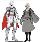  1boy 1girl armored_boots bandaged_arm bandages belt black_footwear black_jacket boots breasts cape cleavage collarbone dress fingerless_gloves full_body gloves grey_belt grey_cape grey_dress grey_eyes grey_hair grey_pants highres jacket jacket_on_shoulders knee_boots large_breasts long_hair looking_at_viewer mask open_clothes open_jacket original pants red_cape short_hair shoulder_plates simple_background standing two-tone_cape yourfreakyneighbourh 