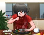  1boy black_hair blue_eyes broccoli chair chinese_clothes corn eating food hair_between_eyes indoors meat plant ranma_1/2 saotome_ranma solo table wanta_(futoshi) 