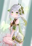  1girl absurdres bloomers blurry bracelet cape commentary_request crying crying_with_eyes_open depth_of_field detached_sleeves dress forest from_side genshin_impact gradient_hair green_cape green_eyes hair_between_eyes hair_ornament harumochi_michiru highres jewelry leaf_hair_ornament long_hair looking_at_viewer looking_to_the_side multicolored_hair nahida_(genshin_impact) nature outdoors parted_lips pointy_ears short_dress short_sleeves side_ponytail sidelocks sitting solo stirrup_legwear streaked_hair symbol-shaped_pupils tears toeless_legwear two-tone_hair underwear wariza white_bloomers white_dress white_hair 