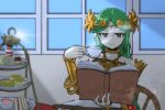  1girl book chain collarbone colorized commentary_request cup diadem dress eyelashes food forehead_jewel fruit gold_chain green_eyes green_hair highres holding holding_book holding_cup indoors kid_icarus kid_icarus_uprising long_hair palutena reading sandwich solo sparkle strapless strapless_dress strawberry third-party_edit tiered_tray vambraces very_long_hair window yu_makoto_(yu_uma) 