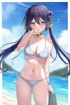  1girl ass_visible_through_thighs bare_arms bare_shoulders beach bikini black_choker black_hair blue_bikini blue_eyes breasts choker cleavage covering_mouth cowboy_shot day flower flower_knight_girl hair_flower hair_ornament highres kuroyuri_(flower_knight_girl) long_hair looking_at_viewer medium_breasts navel neco_meito outdoors solo standing stomach string_bikini swimsuit thighs twintails v-shaped_eyebrows 