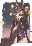  1girl absurdres animal_ears black_dress black_nails blindfold blue_hair brown_hair center_opening dress drill_hair galleon_(granblue_fantasy) granblue_fantasy hatake_oekaki highres holding holding_staff horns kneeling multicolored_hair pointy_ears purple_blindfold solo staff thigh_strap two-tone_hair wide_sleeves 