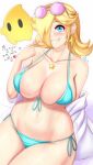  1girl anisdrawn aqua_bikini aqua_eyes bare_shoulders bikini blonde_hair breasts eyewear_on_head front-tie_bikini_top front-tie_top grin heart highres large_breasts long_hair looking_at_viewer luma_(mario) mario_(series) navel off_shoulder pointing pointing_at_self rosalina side-tie_bikini_bottom simple_background sitting smile stomach sunglasses super_mario_galaxy swimsuit thighs very_long_hair white_background 