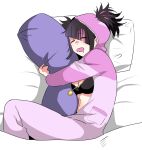  1girl black_bra black_hair bra breasts cleavage closed_eyes drooling eye_(mememem) han_juri highres hood multicolored_hair object_hug official_alternate_costume official_alternate_hairstyle open_mouth pajamas pillow pillow_hug pink_hair pink_pajamas sleeping solo street_fighter street_fighter_6 twintails underwear unzipped 