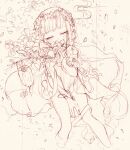  1girl between_legs blush branch dress flower hair_flower hair_ornament half-closed_eyes hand_between_legs headpiece highres holding holding_branch kaede_(shijie_heping) lantern monochrome original petals short_hair sitting sketch soaking_feet solo traditional_media water 