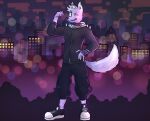  anklet anthro arm_flex canid canine canis clothing collar footwear fur grin hi_res jacket jewelry jumper male mammal pumpkinbon punk purple_body purple_fur shoes simple_background smile solo sweatpants tail tattoo topwear wolf 