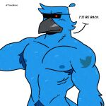  abs absurd_res anthro armpit_hair avian beak biceps bird black_beak blue_body body_hair dialogue eyewear hi_res male mammal muscular muscular_anthro muscular_male nipples pecs solo sunglasses tadaoardo terminator_(franchise) twitter twitter_bird 