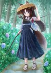  1girl absurdres animal_ear_fluff animal_ears arm_up bell blue_eyes blue_flower blue_hakama bow_(weapon) brown_footwear brown_headwear closed_mouth commentary_request day ears_through_headwear flower forest fox_ears fox_girl fox_tail full_body hair_bell hair_ornament hakama hakama_skirt hand_on_headwear highres holding holding_bow_(weapon) holding_weapon iroha_(iroha_matsurika) japanese_clothes jingle_bell kimono long_hair long_sleeves muneate nature original outdoors parted_bangs ponytail purple_flower rain short_sleeves sidelocks skirt smile socks solo tabi tail tasuki tree very_long_hair weapon wet wet_clothes wet_legwear wet_socks white_kimono white_socks wide_sleeves yumi_(bow) zouri 