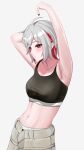  1girl absurdres ahoge armpits arms_up bare_arms bare_shoulders blush breasts commentary_request cowboy_shot crop_top grey_background grey_hair grey_pants highres medium_breasts midriff multicolored_hair navel open_fly original panic_(panic0w) pants red_eyes red_hair short_hair simple_background solo sports_bra standing stomach streaked_hair 