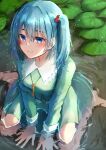  1girl bell bo_cota hair_bell hair_ornament highres in_water jewelry kawashiro_nitori key lily_pad looking_at_viewer necklace ripples sitting solo touhou water 