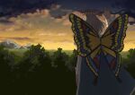  1058hoshi 1boy absurdres arm_up blue_cape bush butterfly_wings cape dated diamond_hairband facing_away fate/grand_order fate_(series) field fur-trimmed_cape fur_trim grey_hair highres holding holding_ribbon long_sleeves male_focus mountain oberon_(fate) outdoors ribbon shirt short_hair signature solo star_(sky) twilight white_shirt wings yellow_wings 