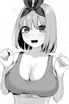  1girl blush breasts cleavage collarbone commentary fanbox_username go-toubun_no_hanayome greyscale hairband highres irarei_(araisanblog) large_breasts looking_at_viewer monochrome nakano_yotsuba open_mouth short_hair smile solo sports_bra teeth upper_teeth_only 