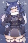  1girl animal_ear_fluff animal_ears arm_at_side armband belt black_hair black_thighhighs blue_eyeshadow blue_hair blue_lips breasts bridal_garter cowboy_shot dire_wolf_(kemono_friends) empty_eyes eyeshadow fur_collar gloves grey_hair hair_ornament hair_ribbon hand_on_own_hip head_tilt headset highres jacket juliet_sleeves kemono_friends kemono_friends_v_project large_breasts legwear_garter lipstick long_hair long_sleeves looking_at_viewer makeup microskirt multicolored_hair neck_ribbon official_alternate_costume parted_lips plaid plaid_sleeves plaid_trim puffy_sleeves revision ribbon skindentation skirt smile solo tail tanaka_kusao thick_thighs thighhighs thighs twintails virtual_youtuber white_gloves wide_hips wolf_ears wolf_girl wolf_tail yellow_eyes zettai_ryouiki 