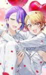  2boys :d aqua_hair arms_around_neck balloon blonde_hair blush bow bowtie buttons carrying commentary confetti earrings gradient_hair hand_on_another&#039;s_thigh heart_balloon hk_(wgyz7222) jacket jewelry kamishiro_rui long_sleeves looking_at_viewer multicolored_hair multiple_boys open_mouth orange_eyes orange_hair pants princess_carry project_sekai purple_hair short_hair smile streaked_hair tenma_tsukasa two-tone_hair white_bow white_bowtie white_jacket white_pants yaoi 
