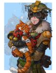  1other androgynous animal animalization animification apex_legends black_sweater bloodhound_(apex_legends) blue_background border brown_jacket brown_pants cable cat chinese_commentary chongmingggg facepaint fur-trimmed_jacket fur_trim fuse_(apex_legends) goggles green_headwear helmet highres holding holding_animal holding_cat jacket mechanical_legs one_eye_covered other_focus outside_border pants rebreather scar single_mechanical_leg smile solo_focus sweater testicles white_border x_anus zoom_layer 