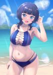  absurdres armpits asaka_karin beach bikini blue_bikini blue_eyes blue_hair breasts cleavage hand_on_own_head highres large_breasts love_live! love_live!_nijigasaki_high_school_idol_club multi-strapped_bikini navel short_hair signature smile sugi_(sugi03aurus) swimsuit 