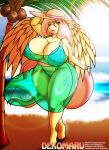  anthro anthrofied beach big_breasts bikini breasts cleavage clothed clothing dekomaru equid equine feathers female fluttershy_(mlp) friendship_is_magic hasbro hi_res huge_breasts mammal my_little_pony pegasus pubes seaside solo swimwear thick_thighs wings yellow_body yellow_feathers 