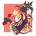  1girl animal_ears black_hair breasts brown_skirt cleavage cleavage_cutout clenched_hand clothing_cutout commentary_request grin horse_ears horse_girl horse_tail kitasan_black_(umamusume) looking_at_viewer medium_breasts multicolored_hair pleated_skirt red_background red_eyes sinnra_art skirt smile solo streaked_hair tail two-tone_background two_side_up umamusume white_background white_hair 