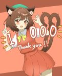  1girl :d animal_ear_fluff animal_ears blush breasts brown_eyes brown_hair cat_ears cat_tail chen commentary_request fangs hands_up hat highres looking_at_viewer mob_cap nekomata open_mouth red_eyes red_skirt red_vest shirokumall short_hair skin_fangs skirt skirt_set small_breasts smile solo tail touhou vest 