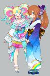  2girls :d ahoge alternate_hairstyle blue_bow blue_eyes blue_hair blue_kimono blunt_bangs blush bow brown_hair commentary_request daia_(pri_chan) diamond_hair_ornament earrings frilled_kimono frills full_body geta grey_background hair_bow hair_over_one_eye hair_rings headset highres japanese_clothes jewelry kimono kimono_skirt kiratto_pri_chan long_hair long_sleeves looking_at_viewer moudoku_(decopon3rd) multicolored_hair multiple_girls nijinosaki_dia obi open_mouth pink_hair pretty_(series) print_kimono rainbow_print sash short_kimono sidelocks simple_background smile standing streaked_hair twintails white_footwear wide_sleeves 