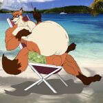  absurd_res anthro beach belly big_belly bloated canid canine canis chair clothing disney eyewear eyewear_on_head fox fur furniture hi_res huge_belly jakeshepherd502 male mammal navel nick_wilde orange_body orange_fur overweight overweight_anthro overweight_male popsicle_stick sea seaside sitting sunglasses sunglasses_on_head swimming_trunks swimwear tail vacation water zootopia 