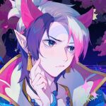  1boy absurdres aphelios asymmetrical_horns blue_eyes blush closed_mouth collarbone crescent_necklace earrings hand_up highres horns jewelry league_of_legends necklace night outdoors pale_skin pink_hair pointy_ears purple_hair ruan_chen_yue short_hair solo spirit_blossom_aphelios tree water white_hair 