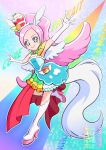  1girl arm_up commentary commentary_request cure_parfait dress food food-themed_hair_ornament hair_ornament inuyagi_akira kirahoshi_ciel kirakira_precure_a_la_mode long_hair multicolored_clothes outstretched_arm pink_hair precure solo tail white_tail 