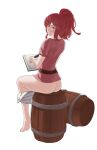  1girl absurdres anna_(fire_emblem) ass barefoot barrel belt book commentary commission feathers fire_emblem highres holding holding_feather long_hair looking_at_viewer pomelomelon ponytail red_eyes red_hair simple_background sitting solo thighs white_background 