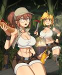  2girls abs barleyshake belt black_belt blonde_hair brown_eyes brown_hair brown_shorts cowboy_shot crop_top fio_germi fire food glasses grey_headwear grey_vest highres hot_dog kasamoto_eri knife metal_slug midriff multiple_girls mustard ponytail round_eyewear shirt shorts vest white_shirt 