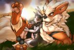  absurd_res anthro antlers arcanine balls bashbl-ux black_hair bottomwear brown_eyes cervine clothing deer duo eye_scar facial_scar feet feral foot_focus fur generation_1_pokemon genitals grass grey_body grey_fur hair hi_res hindpaw holding_leg holding_penis holding_thigh horn laying_on_ground male male/male mammal neck_tuft nintendo orange_body orange_eyes orange_fur pawpads paws penis plant pokemon pokemon_(species) ra&#039;deer scar shirt shorts sitting sitting_on_ground tan_body tan_fur tan_hair topwear tuft 