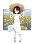  1girl black_hair dress flower full_body hair_over_one_eye hat highres jijou_wo_shiranai_tenkousei_ga_guigui_kuru. kayabakoro long_dress medium_hair nishimura_akane sandals sanpaku solo straw_hat sundress sunflower 