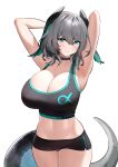  1girl absurdres aqua_eyes arknights armpits arms_up bare_arms bare_shoulders black_choker black_shorts breasts choker cleavage commentary_request cowboy_shot crop_top grey_hair head_wings highres ho&#039;olheyak_(arknights) large_breasts looking_at_viewer micro_shorts midriff navel parted_lips short_hair shorts shuibo simple_background snake_tail solo sports_bra standing stomach tail thighs white_background wings 