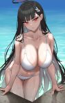  1girl absurdres bikini black_hair blue_archive blunt_bangs breasts cleavage collarbone hair_ornament hairclip halo highres large_breasts leaning_forward long_hair navel parted_lips pool red_eyes rio_(blue_archive) solo stomach swimsuit thighs very_long_hair water wet white_bikini yukiaka 